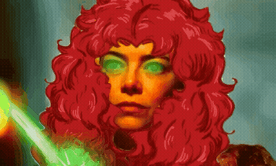 A Woman With Red Hair And Green Eyes Holds A Green Light GIF