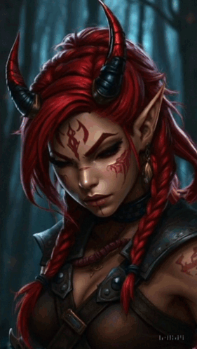 A Woman With Red Hair And Horns Has A Tattoo On Her Forehead GIF