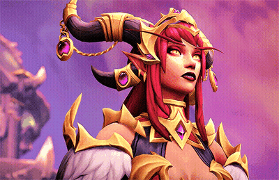 A Woman With Red Hair And Horns Is Standing In Front Of A Purple Background GIF