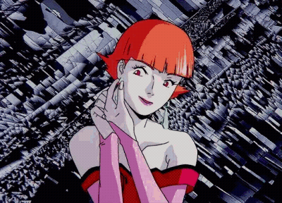 A Woman With Red Hair And Pink Gloves Stands In Front Of A Geometric Background GIF