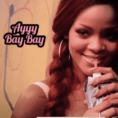 A Woman With Red Hair Drinking Through A Straw With The Words Ayyy Bay Bay Behind Her GIF