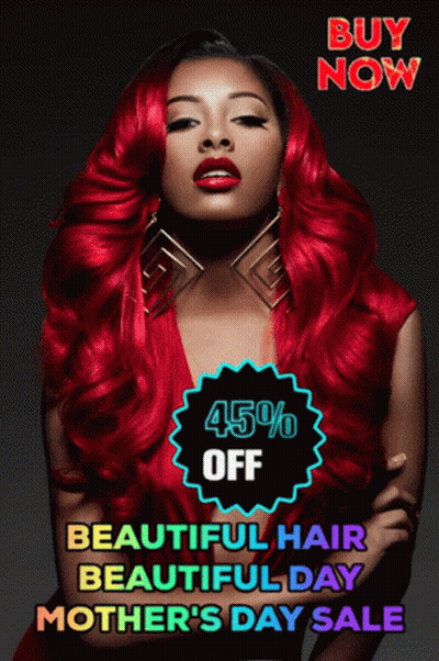 A Woman With Red Hair Is Advertising A 45 % Off Mother 'S Day Sale GIF