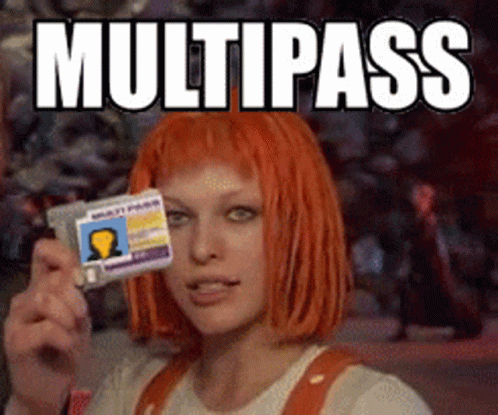 A Woman With Red Hair Is Holding A Badge That Says Multipass On It GIF