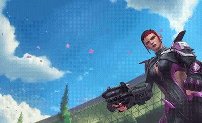 A Woman With Red Hair Is Holding A Gun And Petals Are Falling From The Sky GIF