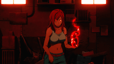 A Woman With Red Hair Is Holding A Red Object In Her Hand In A Dark Room GIF