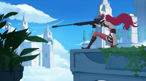A Woman With Red Hair Is Holding A Rifle In Front Of A Cloudy Sky GIF