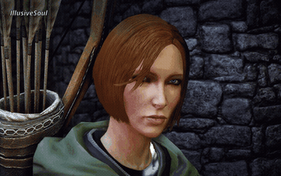 A Woman With Red Hair Is Sitting In Front Of A Brick Wall With Arrows In A Basket And The Words Illusive Soul On The Top GIF