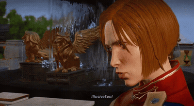 A Woman With Red Hair Is Sitting In Front Of A Fountain With The Words Illusive Soul Written On The Bottom GIF