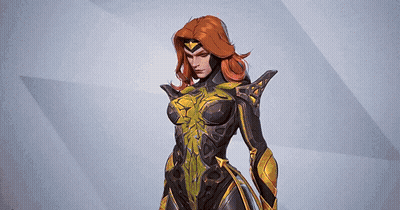 A Woman With Red Hair Is Wearing A Black And Gold Superhero Costume GIF