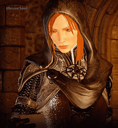 A Woman With Red Hair Is Wearing A Hooded Cape And Holding A Sword In Front Of An Illusive Soul Watermark GIF