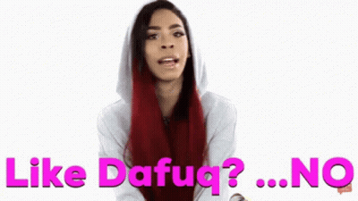 A Woman With Red Hair Is Wearing A White Hoodie And The Words Like Dafug No Are Above Her GIF