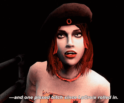 A Woman With Red Hair Says " And One Pissed Bitch Since Lacroix Rolled In " In A Dark Room GIF