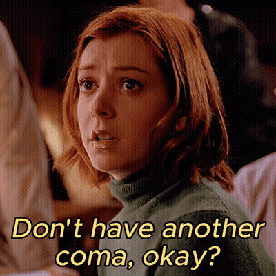 A Woman With Red Hair Says " Don 'T Have Another Coma, Okay " GIF
