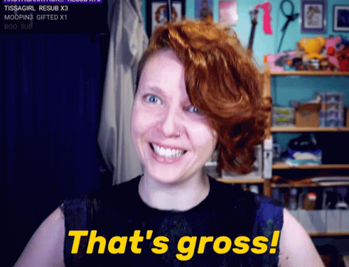 A Woman With Red Hair Says That 'S Gross In Yellow Letters GIF