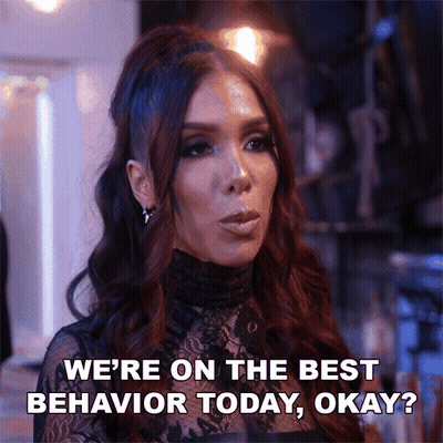 A Woman With Red Hair Says " We 'Re On The Best Behavior Today Okay ? " GIF