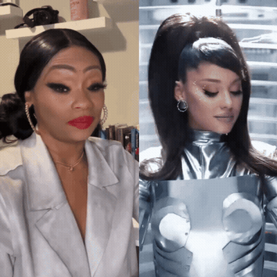 A Woman With Red Lipstick Is Next To A Picture Of Ariana Grande In A Silver Outfit GIF