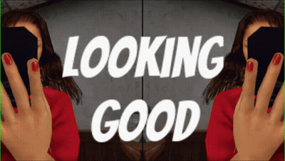 A Woman With Red Nail Polish Is Holding A Black Box And The Words Looking Good Are Behind Her GIF
