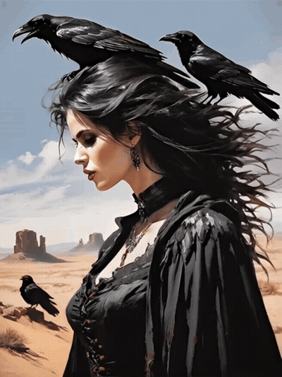 A Woman With Two Black Birds On Her Head Stands In The Desert GIF