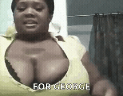 A Woman With Very Large Breasts Is Standing In Front Of A Shower Curtain And Saying `` For George '' . GIF