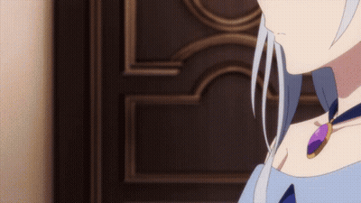 A Woman With White Hair And A Purple Necklace Stands In Front Of A Door GIF