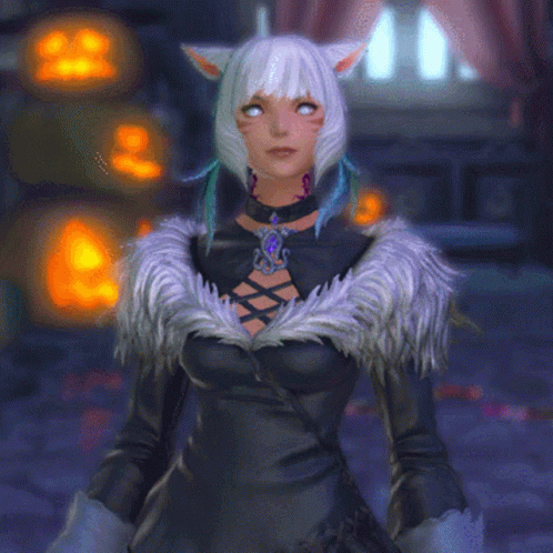 A Woman With White Hair And Ears Is Wearing A Black Dress GIF