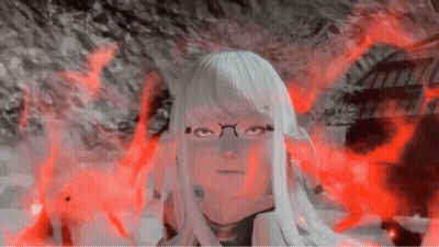 A Woman With White Hair Is Standing In Front Of A Red Fire . GIF