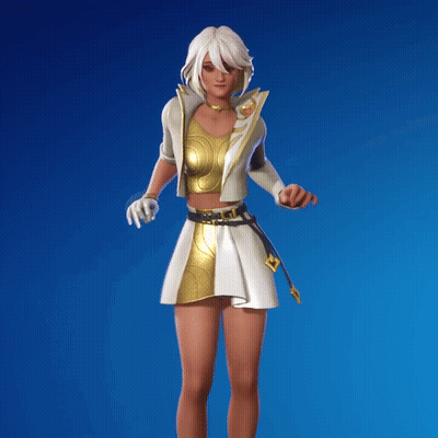 A Woman With White Hair Is Wearing A White And Gold Outfit GIF