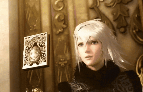 A Woman With White Hair Stands In Front Of A Wall With A Picture Of A Face On It GIF