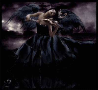 A Woman With Wings Is Playing A Violin In A Dark Room GIF
