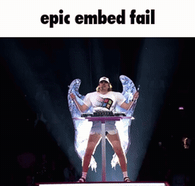 A Woman With Wings Is Standing On A Stage With The Words Epic Embed Fail Written Above Her GIF