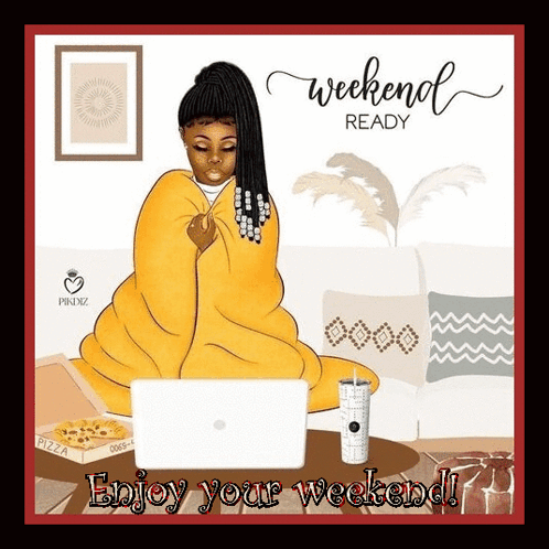 A Woman Wrapped In A Yellow Blanket Is Sitting On A Couch With A Laptop And A Box Of Pizza . GIF