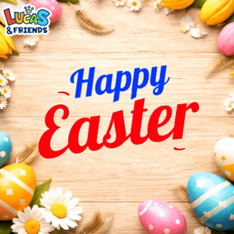 A Wooden Background With Eggs And Flowers And The Words Happy Easter GIF