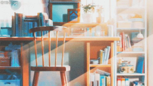 A Wooden Chair Sits In Front Of A Desk With Books On It And A Watermark That Says O'mnage On The Bottom GIF