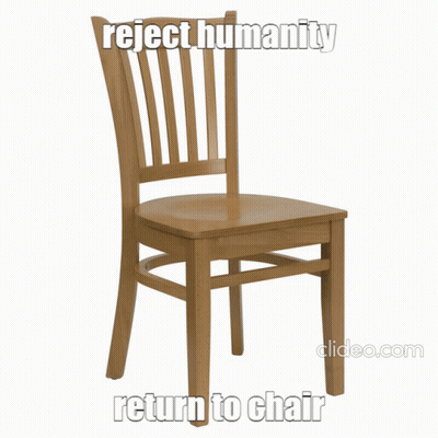 A Wooden Chair With The Words Reject Humanity Return To Chair GIF
