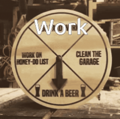 A Wooden Circular Sign That Says Work On Honey-Do List Clean The Garage And Drink A Beer GIF