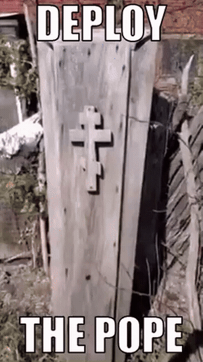 A Wooden Coffin With A Cross On It And The Words Deploy The Pope On It GIF