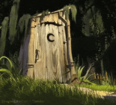 A Wooden Outhouse With A C On The Door GIF