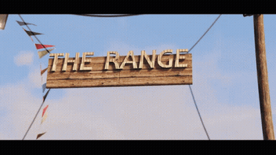A Wooden Sign That Says The Range Hangs From A Pole GIF