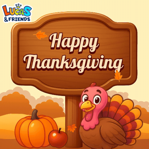 A Wooden Sign With A Turkey And Pumpkins Says Happy Thanksgiving GIF