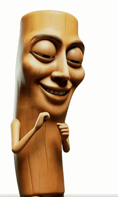 A Wooden Statue With A Smiling Face And Arms On A White Background GIF