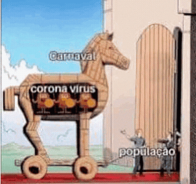 A Wooden Trojan Horse Is Being Pulled By A Crowd Of People . GIF