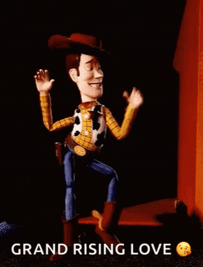 A Woody Doll From Toy Story Is Pointing At Something . GIF