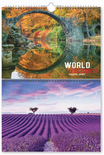 A World Escapes Calendar For 2020 Shows A Bridge And A Lavender Field GIF