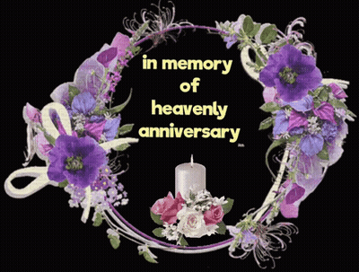 A Wreath Of Purple Flowers With The Words In Memory Of Heavenly Anniversary Written On It GIF