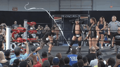 A Wrestler In A Blue Shirt That Says Big Stout Of Hollywood GIF