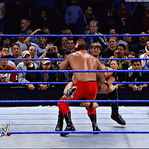 A Wrestler In Red Shorts Is Kicking Another Wrestler In The Face GIF