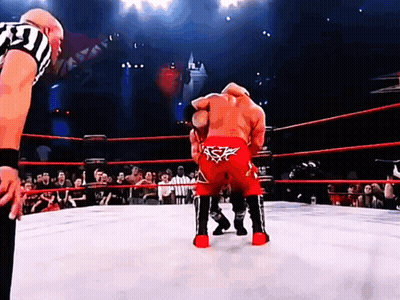 A Wrestler In Red Shorts With A Star On The Back Stands In The Middle Of A Wrestling Ring GIF