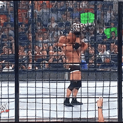 A Wrestler Is Jumping Over A Chain Link Fence During A Match . GIF