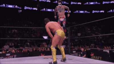 A Wrestler Is Jumping Over Another Wrestler In A Ring That Says Draft GIF