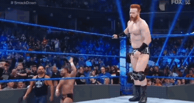 A Wrestler Is Kicking Another Wrestler In The Face While Standing In A Wrestling Ring . GIF